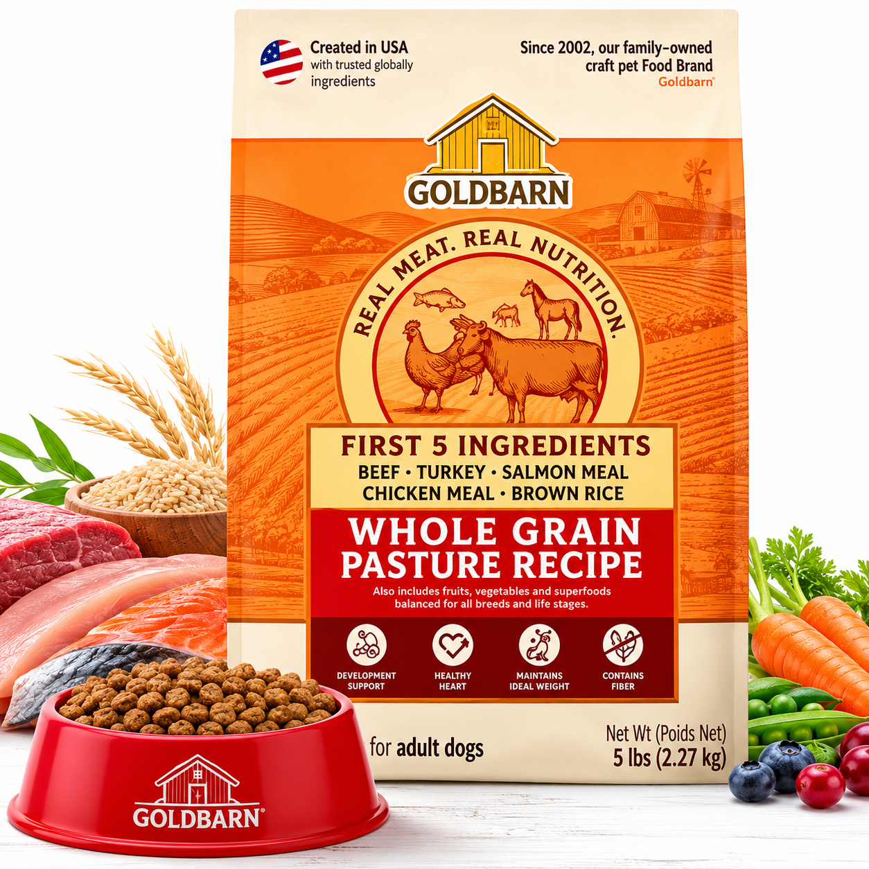 Goldbarn Adult Dry Dog Food | Whole Grain Recipe | Beef, Turkey & Salmon | 5 lb (2.27 kg)